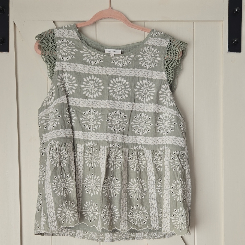 bohme Sage Green Eyelet Embroidered Crochet Sleeve Peasant Top